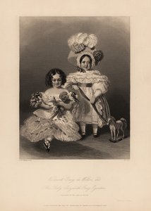 Viscount Gray de Wilton و Elizabeth Gray Egerton ، أبناء توماس إجيرتون ، إيرل ويلتون الثاني. ابنة ترتدي حلقًا صغيرة وترتدي ثوبًا مكشكشًا تحمل دمية ، وابنًا يرتدي ثيابًا وغطاء رأس من الريش يحمل شريطًا مربوطًا بحصان لعبة. نقش على الصلب لهنري بواسطة ألفريد إدوارد (بعد) شالون