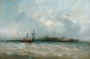 نيويورك من الميناء تظهر البطارية وحديقة القلعة ، 1858. بواسطة ألفريد كوبيستيك