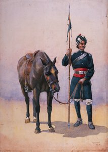 جندي لانسر التاسع عشر (Fane&39;s Horse) البنجابية مسلمان ، رسم توضيحي لـ "جيوش الهند" للرائد جي إف ماكمون ، نُشر عام 1911 ، 1909