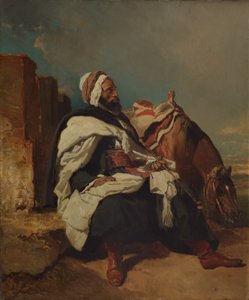 رجل عربي جالس مع حصان ، ربما كاليفورنيا. 1850-58.