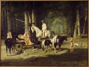 السيد والسيدة أ. موسلمان وابنتيهما يسيران عبر الغابة على ظهور الخيل. رسم ألفريد دي درو (1810-1860) 1848 صن. 2x2.65 م باريس ، متحف بيتيت باليه