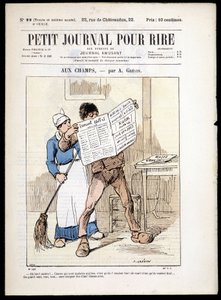 رجل يقرأ جريدة: "" "aux Champs" "لـ A. grévin- في" "Le Petity Journal pour rire" "n¡22، n.d.