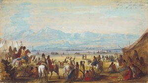 معسكر على النهر الأخضر في قاعدة جبال روكي ، حوالي عام 1837 (قلم رصاص وألوان مائية وغواش على ورق) بواسطة ألفريد جاكوب ميلر