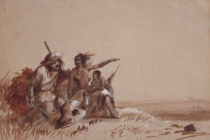 كانساس هندي يروي عن صياد ، بواسطة اللافتات ، هجرة الجاموس ، حوالي عام 1837 (قلم رصاص وألوان بني وأسود على ورق) بواسطة ألفريد جاكوب ميلر