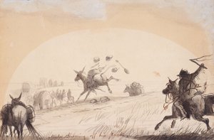 بغل يرمي حقيبته ، حوالي عام 1837 (قلم رصاص وقلم وحبر ، ويغسل على الورق) بواسطة ألفريد جاكوب ميلر