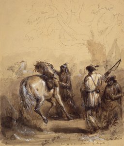السير دبليو دي إس ، أنطوان وأوغست أو التحضير لصيد الجاموس ، حوالي عام 1837 (قلم حبر وحبر وغسل وغواش على ورق) بواسطة ألفريد جاكوب ميلر