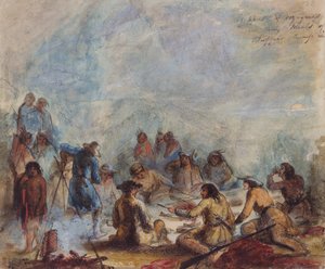 شروق الشمس والصيادون والمسافرون في وجباتهم في بافالو هامب ريب ، حوالي عام 1837 (ألوان مائية على الورق) بواسطة ألفريد جاكوب ميلر