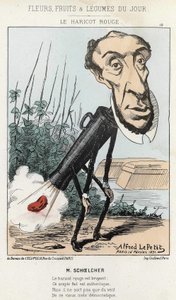 Le Bean rouge: يمثل رسم كاريكاتوري لـ Victor Schoelcher في قطار Peter a bean (fart) - مريض. بتاريخ 16/2/1871 ألفريد لو بيتيت في "" زهور وفاكهة وخضار اليوم "". بواسطة ألفريد لو بيتيت