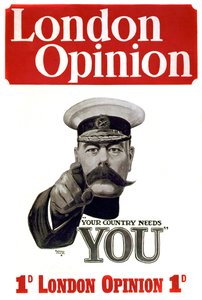 الحرب العالمية الأولى: ملصق لتجنيد الجنود البريطانيين: القائد اللورد هوراشيو هربرت كيتشنر الخرطوم (1850-1916) ، جندي ورجل دولة بريطاني يشير إلى الإمكانات العسكرية "البلد بحاجة إليك" رسم لألفريد ليت (1882-1933) 191