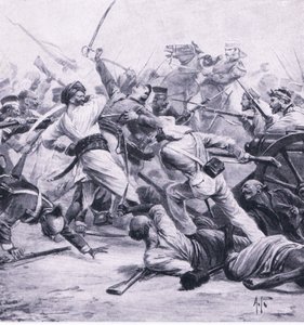 هزم نيكولسون المتمردين في النجفجار ، 2 أغسطس 1857 ، رسم توضيحي من المعارك البريطانية في البر والبحر ، 1915 بواسطة ألفريد بيرس