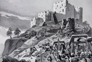 The Welsh attack on Montgomery Castle in 1095 led by Cadwgan ap Bleddyn, Prince of Powys, illustration from 