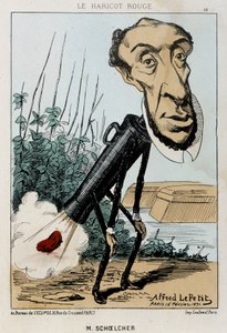 Le Bean rouge: صورة كاريكاتورية لفيكتور شولشر ممثلة في قطار بيتر أ فول (فارت) - سيئة. بتاريخ 16/2/1871 في "زهور اليوم وفاكهة وخضار". بواسطة ألفريد بيتي