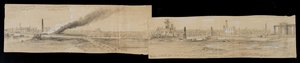 المنطقة الشمالية من جسر إيري ستريت ، باتجاه الشرق ، خلال حريق شيكاغو عام 1871 (قلم رصاص وطباشير على ورق)