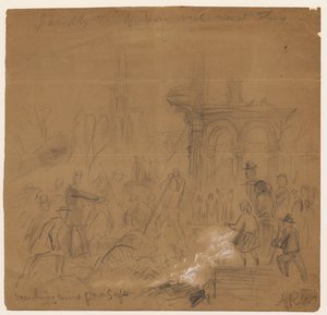 البحث عن أطلال لخزانة بعد حريق شيكاغو عام 1871 (قلم رصاص وطباشير على ورق)