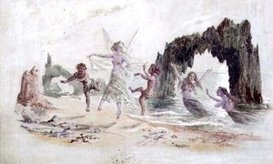الجنيات والحيوانات على شاطئ البحر (ألوان مائية)