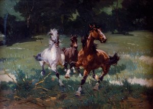 Running Horses, painting by Alfredo Tominz (1854-1936), oil on cardboard, 67x48 cm, Italy بواسطة ألفريدو تومينز