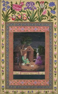 رجلان عجوزان في مناقشة خارج الكوخ ، فوليو من ألبوم ديفيس ، AH1085A.D.1674-75. بواسطة علي قولي جباردر