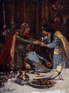 تسميم الملك إثيلبرت الثاني ملك شرق أنجليا على يد سينثريث، زوجة أوفا الثاني ملك ميرسيا، 794 (ليثو ملون) بواسطة ألان (بعد) ستيوارت