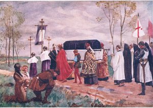 دفن سانت هيو ، رسم توضيحي من حكايات الأطفال للوزراء الإنجليز ، حوالي عام 1920 (ليثو ملون) بواسطة ألان ستيوارت