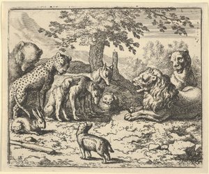 الأسد يأخذ نصيحة الحيوانات الأخرى لمعاقبة رينارد ، 1650-1675. بواسطة ألارت فان إيفردنغن
