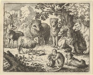 يفتح القرد العبوة ويزيل رأس الأرنب إلى المفاجأة العظيمة لـ ... ، 1650-1675. بواسطة ألارت فان إيفردنغن