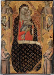 العذراء المهيبة محاطة بستة ملائكة Altarpiece بواسطة Allegretto Nuzi (1350-1375). خافت. 138 × 99 سم. أفينيون ، متحف القصر الصغير