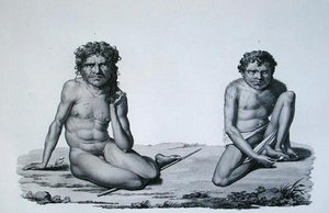 بورت جاكسون ، نيو هولاند: السكان الأصليون من الجبال الزرقاء ، من "Voyage Autour du Monde sur les Corvettes de L'Uranie" محفور بواسطة Forget ، نُشر عام 1825 (نقش)