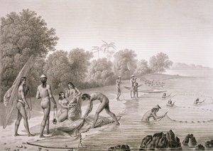 طرق الصيد التقليدية التي استخدمها السكان الأصليون لجزر مارياناس ، من "رحلة أوتور دو موند (1817-20)" ، بقلم لويس كلود ديسولس دي فرايسينيه (1779-1842) نقشها بوفينيت ، نُشر في 1822-24 (ليثو)