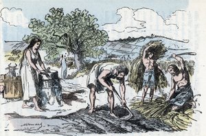 الحياة اليومية في عصور ما قبل التاريخ: مشهد للعمل الزراعي في عصر الحديد نقش من "" La Nature et l