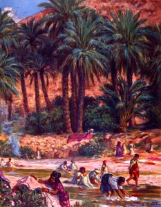 مجموعة من البدو العرب يغسلون الملابس في واحة بالصحراء. بواسطة نصر الدين دينيت (ألفونس إتيان دينيه). 1861 1929 رسام مستشرق فرنسي 1918 بواسطة ألفونس إتيان دينيه
