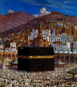 رسم توضيحي يصور الحجاج المسلمين في الكعبة في مكة المكرمة. بواسطة نصر الدين دينيت (ألفونس إتيان دينيه). 1861 1929