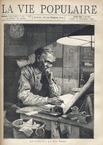 ناسخ مركّز يعمل في مكتبه. رسم توضيحي لألفونس ماريا موتشا (ألفونس ماري موتشا بواسطة ألفونس موشا