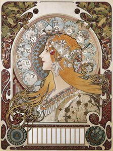 موشا، ألفونس ماريا (1860-1939). الأبراج الفلكية. 1896. (67 × 48 سم). ملصق وتقويم يعلنان عن مجلة quot;La Plumequot; (الريشة). الحداثة. الطباعة الحجرية