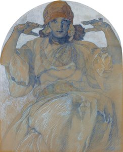 "" صورة لابنة الفنان جاروسلافا موشوفا (1909-1986) "(صورة ابنة الفنان ، ياروسلافا) لوحة للفونس موتشا (1860-1939) - حوالي 1924 مقاس 51x41 سم مجموعة خاصة بواسطة ألفونس موشا