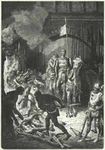 El Cid, accompanied by his wife Dona Jimena, oversees the building of the funeral pyre of Ahmed, Moorish King of Valencia