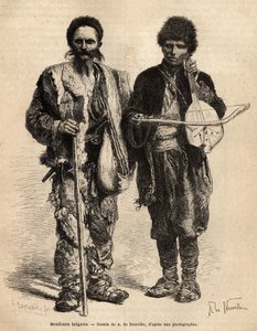 متسولون بلغاريون متجولون ، بما في ذلك شخص كفيف يعزف على الغوزلا (العود الصربي لديه حبل) المصاحب لتلاوة الشعر والقصائد الملحمية ، المحفورة بعد رسم أ. دي نوفيل ، التي توضح الرحلة إلى بلغاريا ، بقلم غيوم ليجان بواسطة ألفونس ماري دي نوفيل