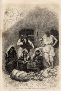العمال البلغار ، بالقرب من صوفيا ، نقش بعد رسم أ. دي نوفيل ، يوضح الرحلة إلى بلغاريا ، بواسطة غيوم ليجان ، في عام 1867 ، نُشر في "" Le tour du monde "" 1873 ، تحرير إدوارد شارتون ، طبعة Hachette ، باريس . مجموعة سيلفا بواسطة ألفونس ماري دي نوفيل