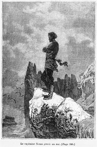 الكابتن نيمو يتسلق صخرة ، رسم توضيحي من "20000 دوري تحت البحر" لجول فيرن (1828-1905) منقوش بواسطة هنري ثيوفيل هيلديبراند (1824-1897) باريس ، هيتزل ، نشر عام 1877 (ب بواسطة ألفونس ماري دي نوفيل