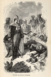 رسم توضيحي لـ "" مغامرات رائعة لكن أصيلة للكابتن كوركوران "من تأليف ألفريد أسولانت ، موضحة بـ 25 نقشًا صغيرًا مرسومة على الخشب بواسطة A. de Neuville ، Librairie Hachette et Cie في باريس بواسطة ألفونس ماري دي نوفيل