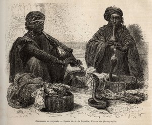 Les charmeurs de snpents ، الذين يتاجرون بالزواحف ، التي يجذبونها عن طريق النفخ في toumril (الفلوت) ، نقش بعد رسم A. de Neuville ، يوضح رحلة Rajahs إلى الهند ، في 1864-1868 ، بواسطة Louis Rousselet ، تم نشره في جولة "" Le بواسطة ألفونس ماري دي نوفيل