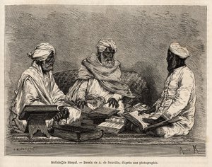 Les mullahs de la Mosque de Bhopal ، في مناقشة كاملة للنقاط الخلافية في الدين الإسلامي ، نقش بعد رسم A. de Neuville ، يوضح رحلة الراجاس في الهند ، في 1864-1868 ، بواسطة Louis Rousselet ، نُشر في "" لو بواسطة ألفونس ماري دي نوفيل