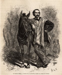 صورة للدكتور صفري ، ذراعان على حصته ، في ثوب السفر ، نقش بعد رسم أ. دي نوفيل ، يوضح الرحلة إلى غرناطة الجديدة ، بواسطة الدكتور سافراي ، في عام 1869 ، نُشرت في "" Le tour du monde " 1873 ، حرره إدوارد شارتون ، Hachette editi بواسطة ألفونس ماري دي نوفيل