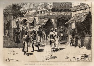 مفترق طرق Chandni chowk ، شارع ديدان الذهب ، الشريان الرئيسي للأنشطة التجارية والحرفية ، الذي يعبر دهلي من البوابة الكبرى للقصر إلى بوابة لاهور ، نقش بعد رسم A. de Neuville ، يوضح الرحلة بواسطة ألفونس ماري دي نوفيل