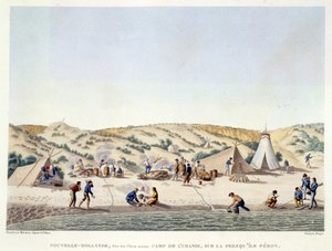 Baie des Chiens Marins ، New Holland: The Camp of Uranie قرب Ile Peron ، من &39;Voyage Autour du Monde sur les Corvettes de L&39;Uranie&39; محفورة بواسطة Forget بعد تصميم من قبل Marchais ، حانة. 1817-20 (كولو