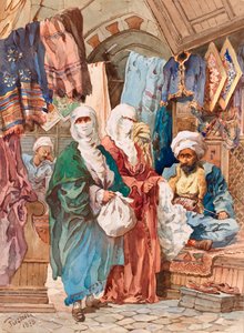 بازار الحرير (سوق شرقي ، سوق ، سلع حريرية) - بازار الحرير - بقلم أميديو بريزيوسي (1816-1882) ، ألوان مائية على ورق (41 × 30 سم) - متحف بيرا ، اسطنبول بواسطة أماديو بريزيوسي