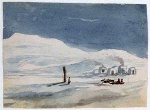 أكواخ زجاجية وإسكيمو". لوحة مائية. أورور أمادين لوسي دوبان (1804-1876) روائية وناشطة نسوية فرنسية كتبت تحت اسم جورج ساند.