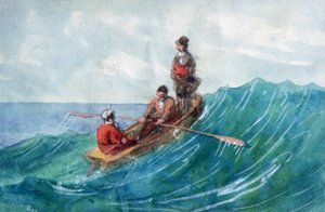 الدينغي". لوحة مائية. أورور أمادين لوسي دوبان (1804-1876) روائية وناشطة نسوية فرنسية كتبت تحت اسم جورج ساند. ثلاث شخصيات في قارب تجديف صغير يركبون موجة.