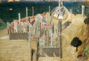 City by sea, by Ambrogio Lorenzetti (1290-ca 1348) Tempera and gold on wood, 22.5x33.5 cm بواسطة أمبروجيو لورنزيتي