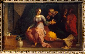 The doctor Acestinus examines Chariclee Illustration of “The Ethiopics or History of Love of Theagene and Chariclee” by Heliodore (Heliodoros) by Emese (4th century AD). Painting by Ambroise Dubois (1542-1614) 1610 Sun. 1,3x2,35 m Fontainebleau musee du ch بواسطة أمبرواز دوبوا