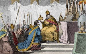 توج شارلمان (742-814) من قبل البابا ليو الثالث (c750-816) في كاتدرائية القديس بطرس في روما في 25 ديسمبر 800 - القلب المقدس (تتويج) لشارلمان (742-814) في 800 بواسطة البابا ليون الثالث - نقش عام 1825 في " تمثل Histoire de France باللوحات السينوبتيكية